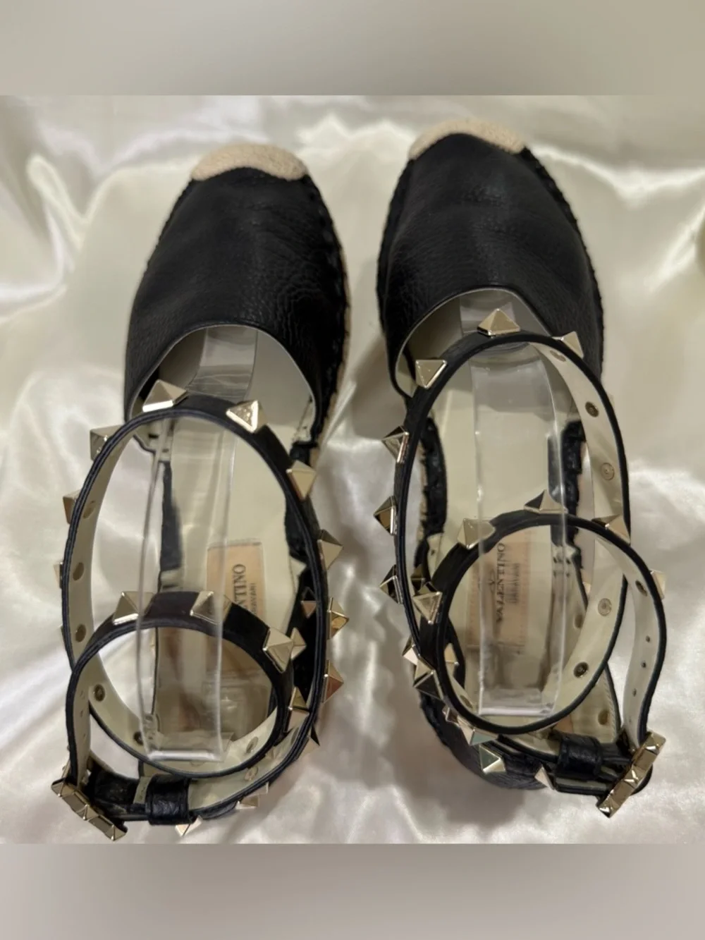 Valentino Garavani Rockstud Espadrille Sandals Leather Wrap Black Size 35 US 5